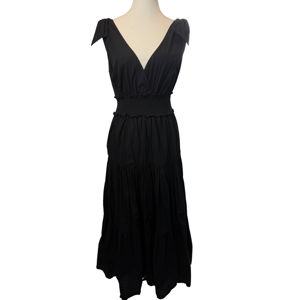 Vince Camuto Black Cotton Smocked Waist Tiered Maxi Dress Tie Shoulder Small
